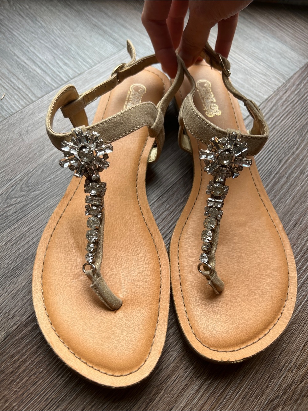 Gold Embellished T-Strap Sandals with Crystal Accents Size 8M